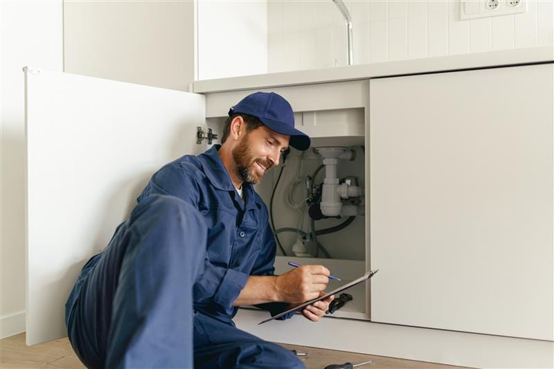 Residential plumber reviewing plumbing repairs in a Port Orange kitchen