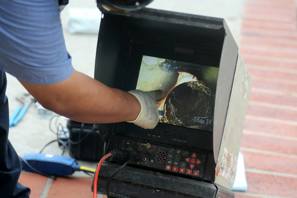 Technician viewing a drain inspection camera in Port Orange
