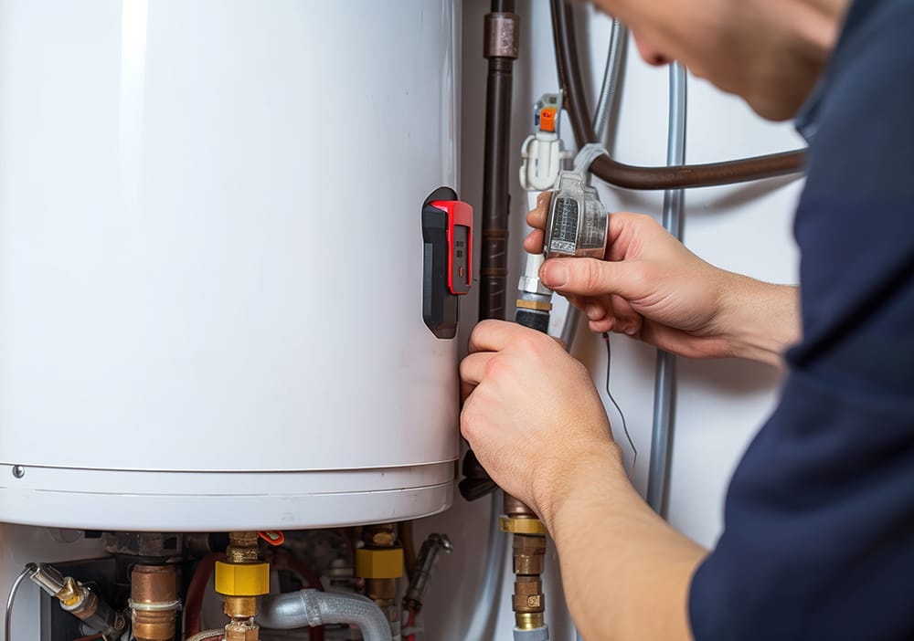 Technician repairing pipes connected to a water heater in Port Orange